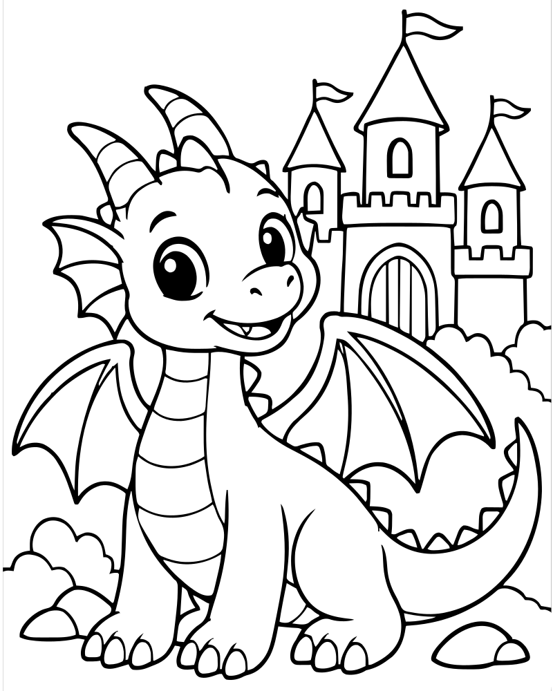 Dragon and Castle picture to color — Dragon coloring page for kids