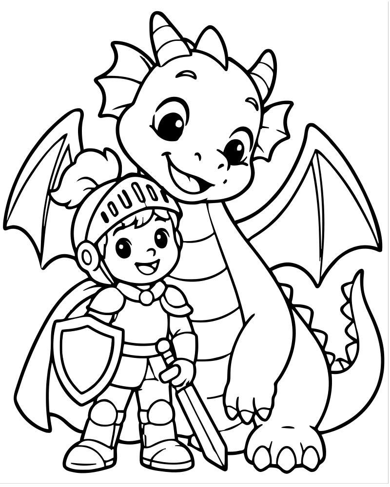 Dragon and Knight Friends — printable Dragon coloring sheet for preschoolers