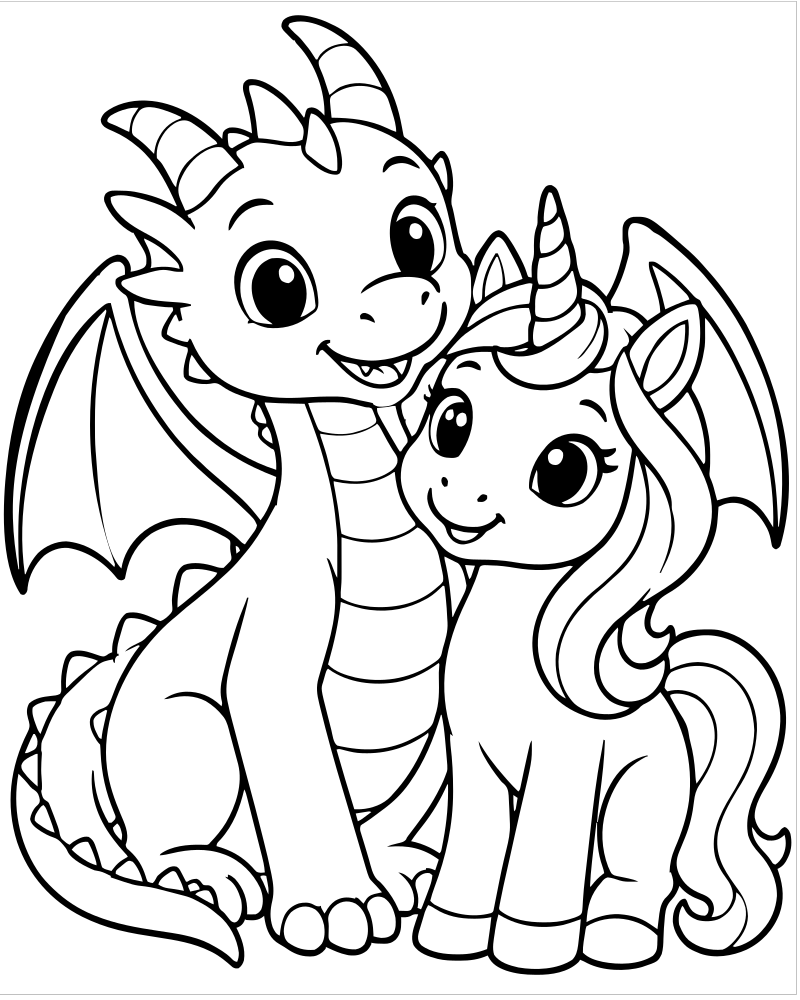 Dragon and Unicorn Friends picture to color — Dragon coloring page for kids