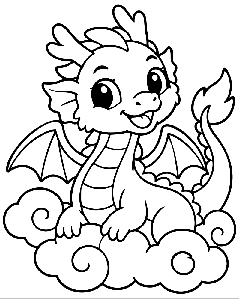 Printable dragon in the clouds line art — Dragon coloring page