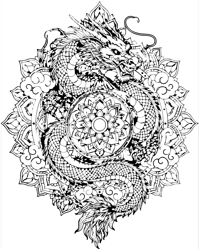 Dragon Mandala — Dragon coloring page to print for children