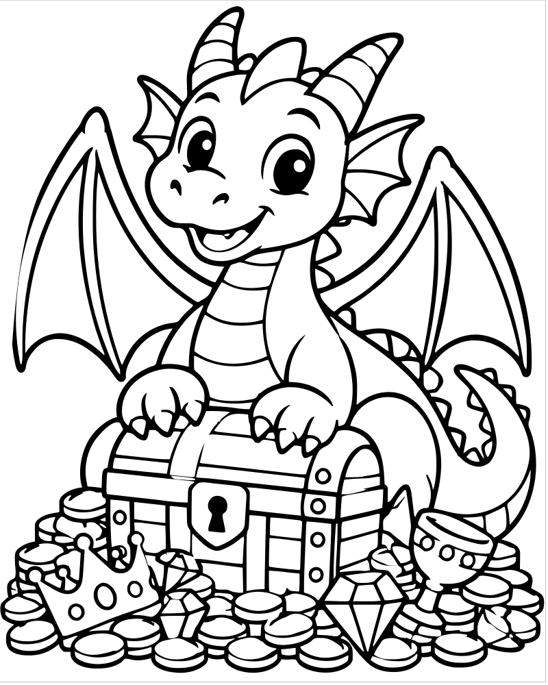 Dragon Treasure Hoard picture to color — Dragon coloring page for kids