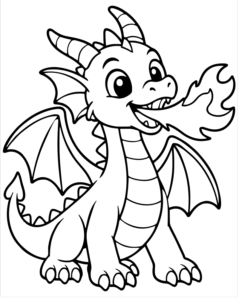 Fire-Breathing Dragon — Dragon coloring page to print for children