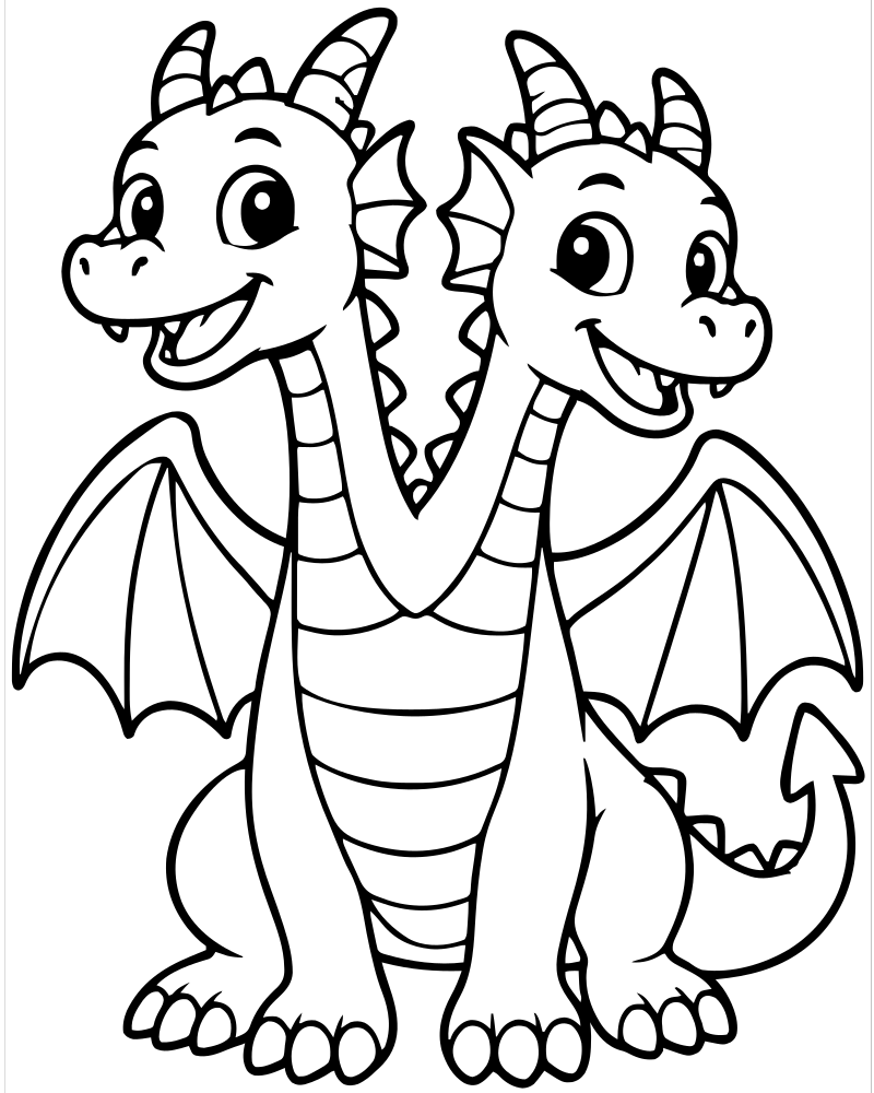 Two-Headed Dragon — Dragon coloring page to print for children