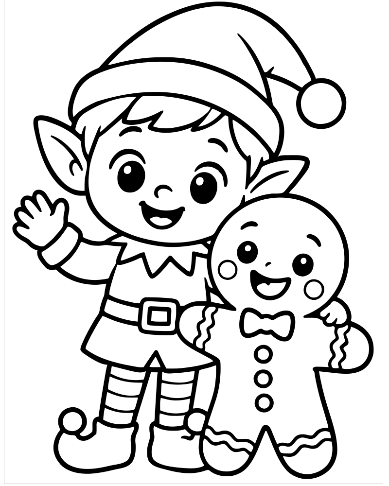Elf and Gingerbread Friends — free printable Elf coloring page for kids