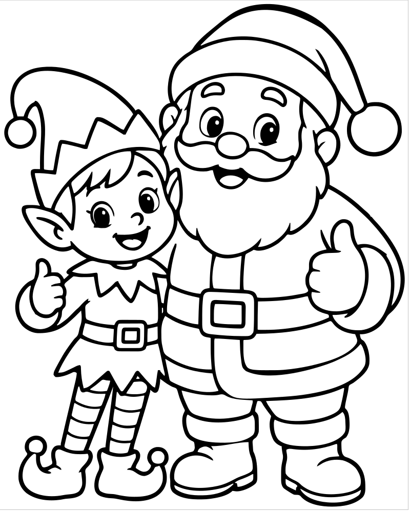 Elf and Santa Friends — Elf coloring page to print for children