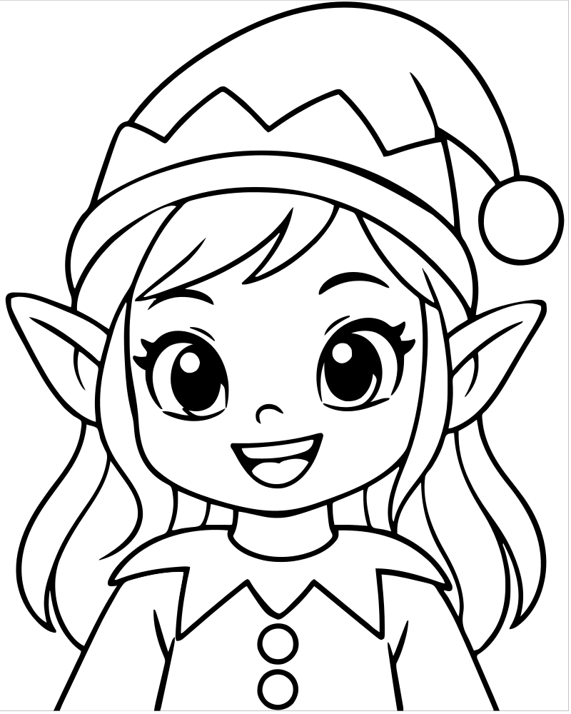 Printable elf close-up line art — Elf coloring page