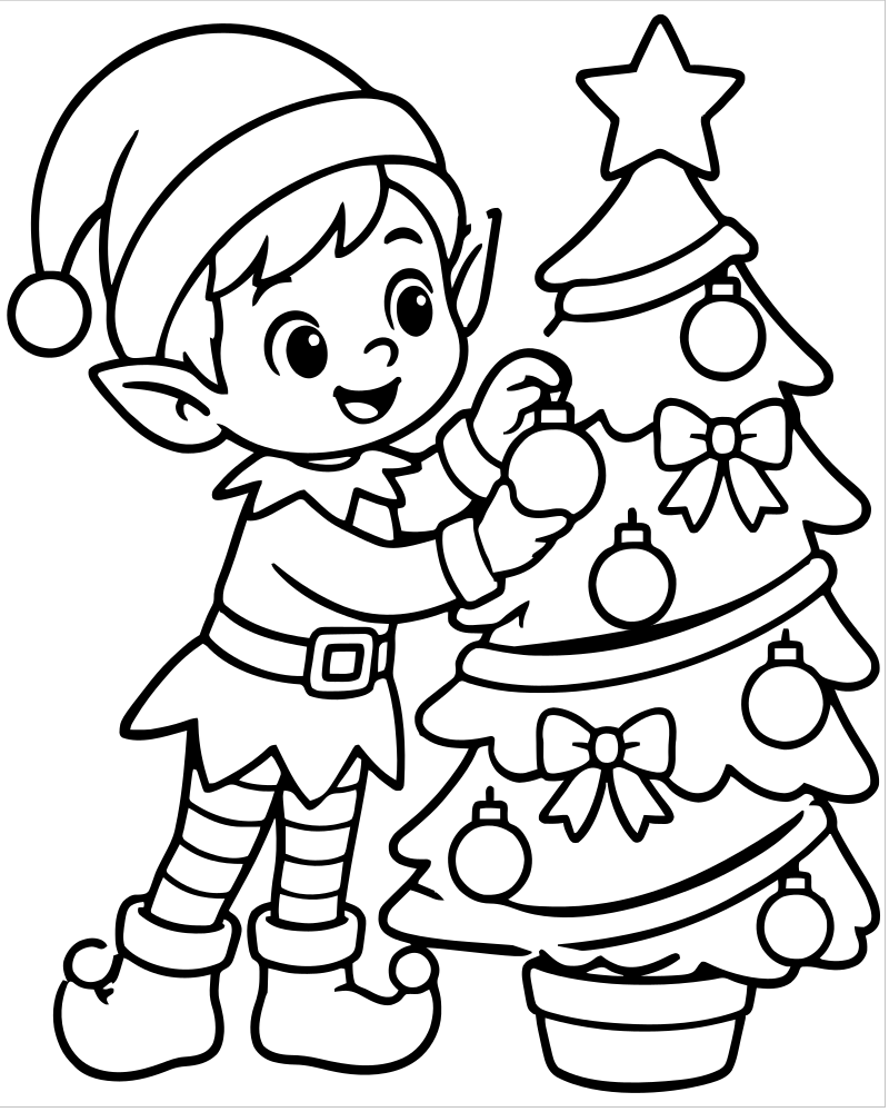 Elf Decorating the Tree — free printable Elf coloring page for kids