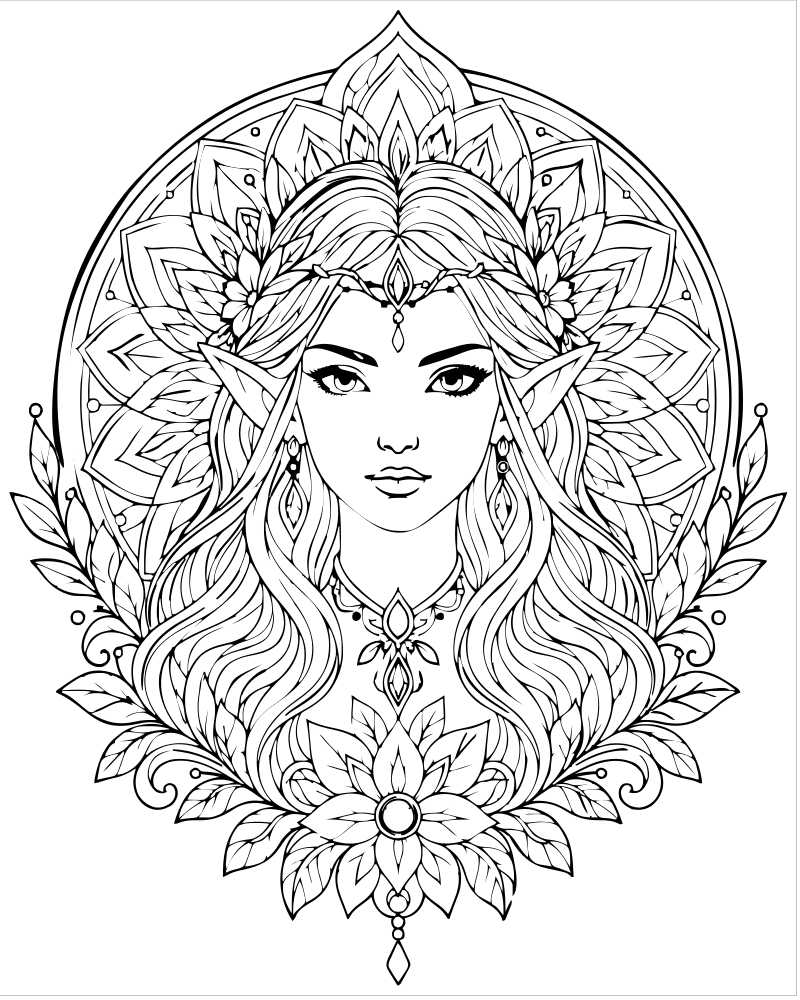 Elf Mandala picture to color — Elf coloring page for kids