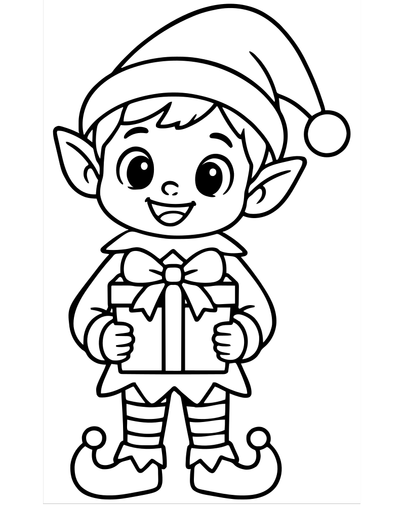 Elf with a Gift — free printable Elf coloring page for kids