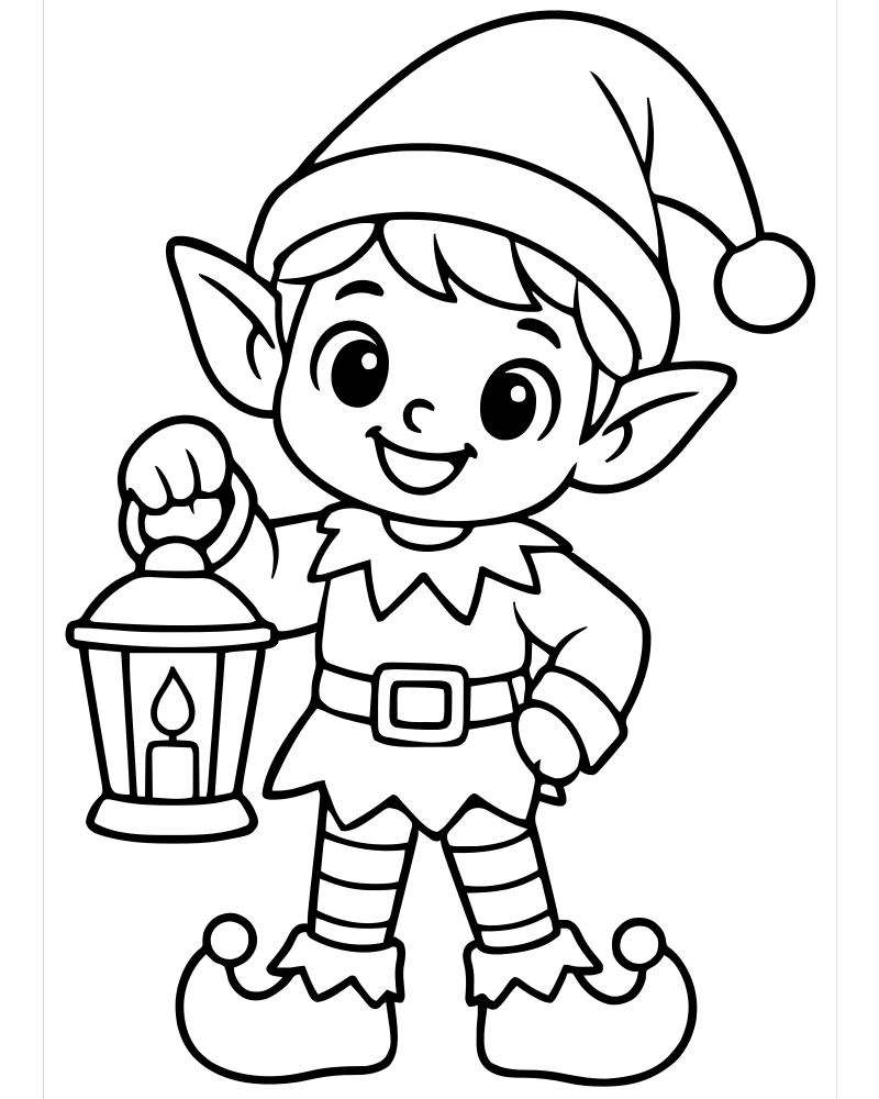 Printable elf with a lantern line art — Elf coloring page