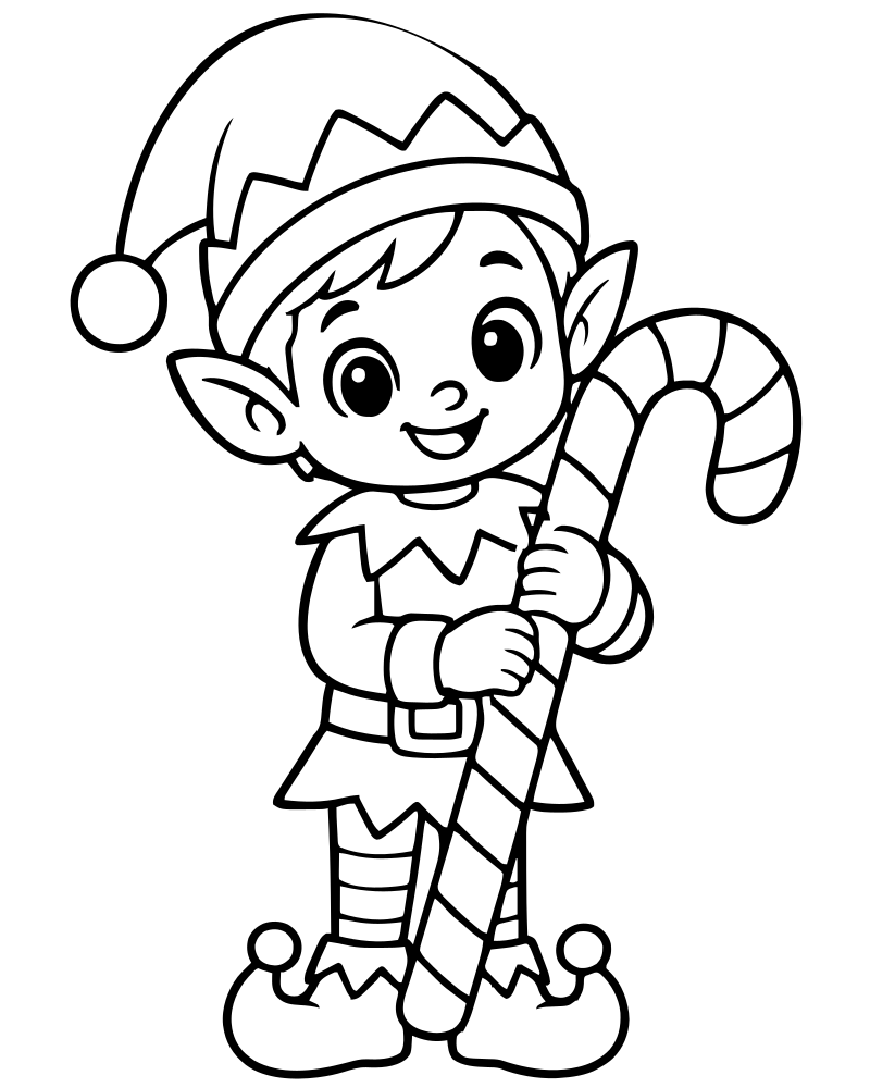 Elf with Candy Cane — printable Elf coloring sheet for preschoolers