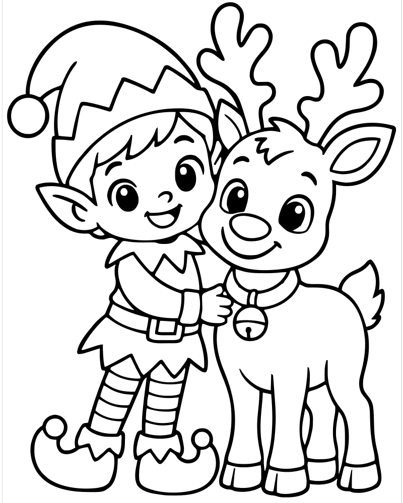 Elf with Reindeer Friend picture to color — Elf coloring page for kids