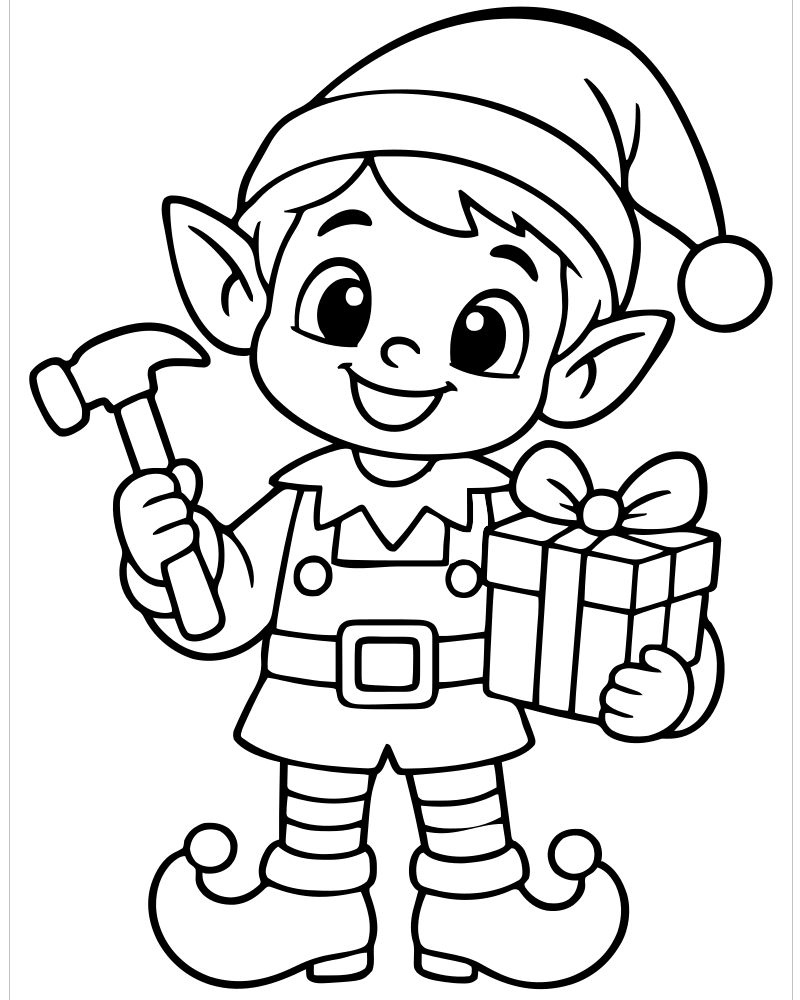 Printable elf workshop helper line art — Elf coloring page