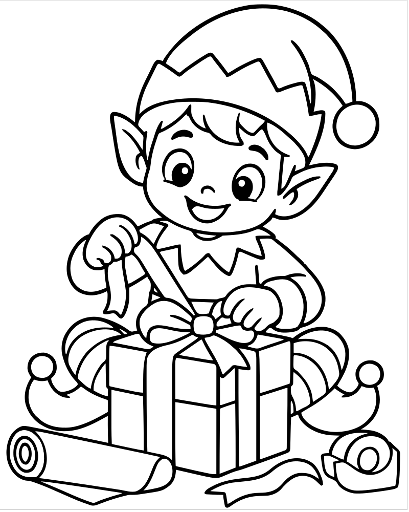 Elf Wrapping Gifts picture to color — Elf coloring page for kids