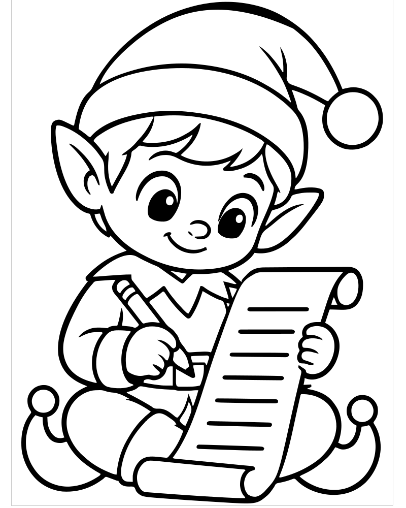 Printable elf writing a list line art — Elf coloring page