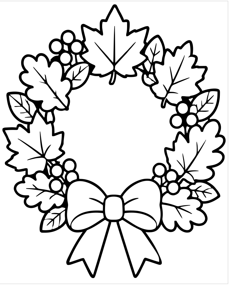 Printable autumn leaves wreath line art — Fall Leaves coloring page