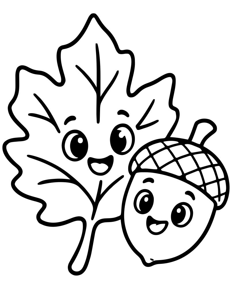 Leaf and Acorn Pair — free printable Fall Leaves coloring page for kids