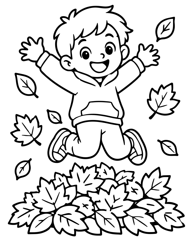 Leaf Pile Jump — Fall Leaves coloring page to print for children