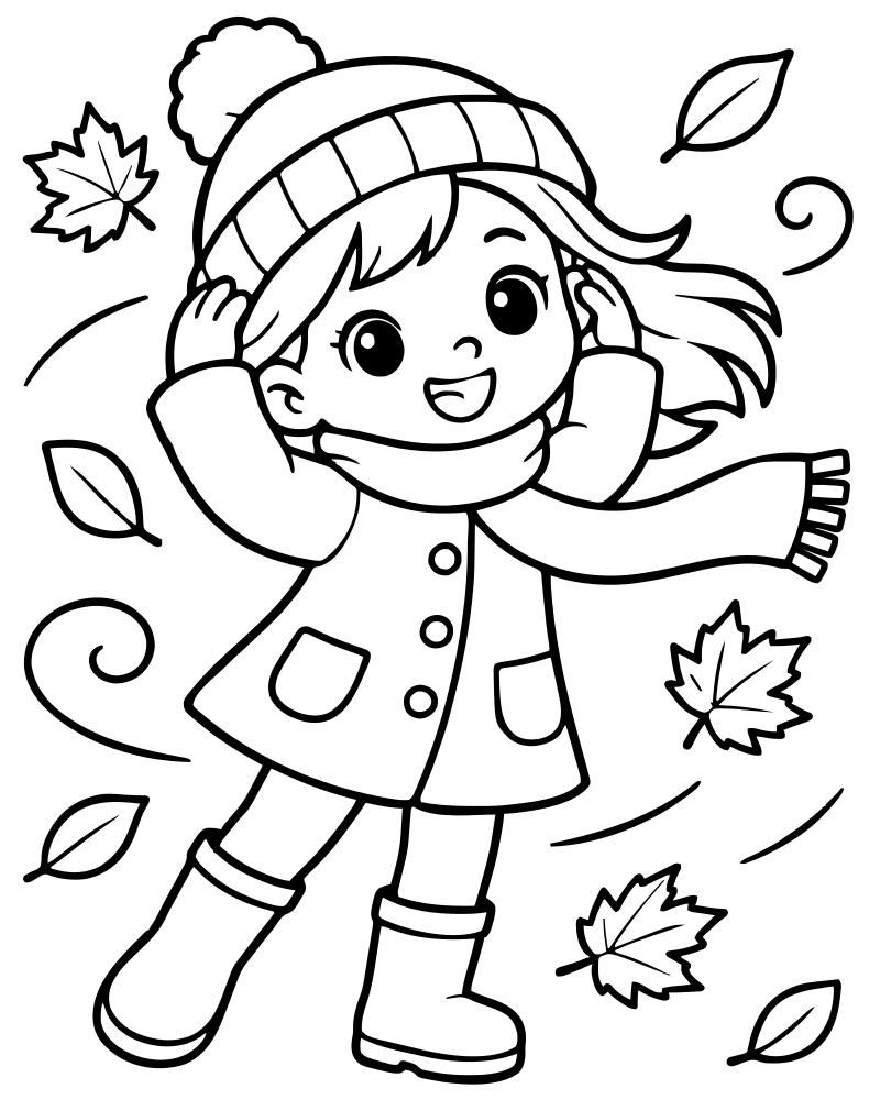 Windy Fall Day picture to color — Fall Leaves coloring page for kids