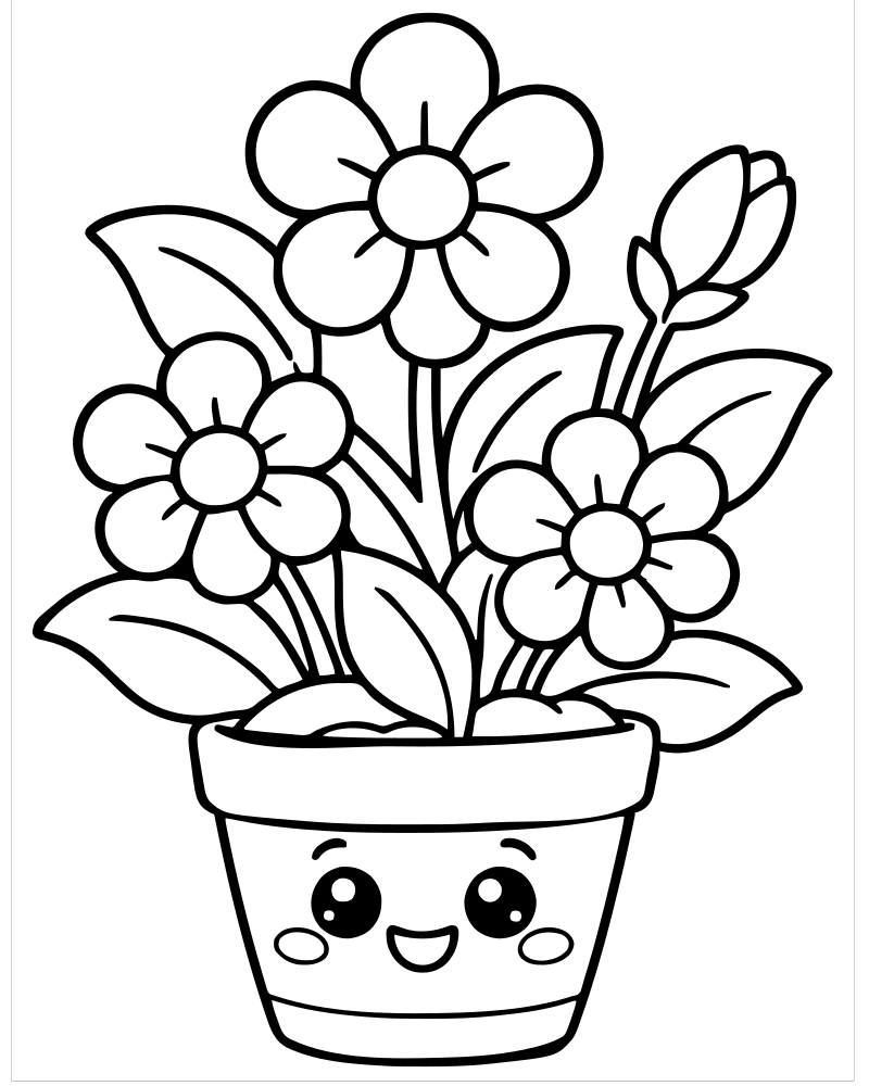 Potted Plant Blooms — printable Flower coloring sheet for preschoolers