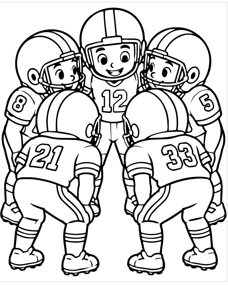 Football Team Huddle — Football coloring page to print for children