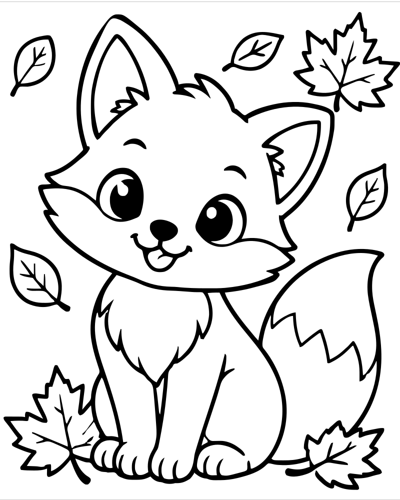 Fox and Autumn Leaves — Fox coloring page to print for children
