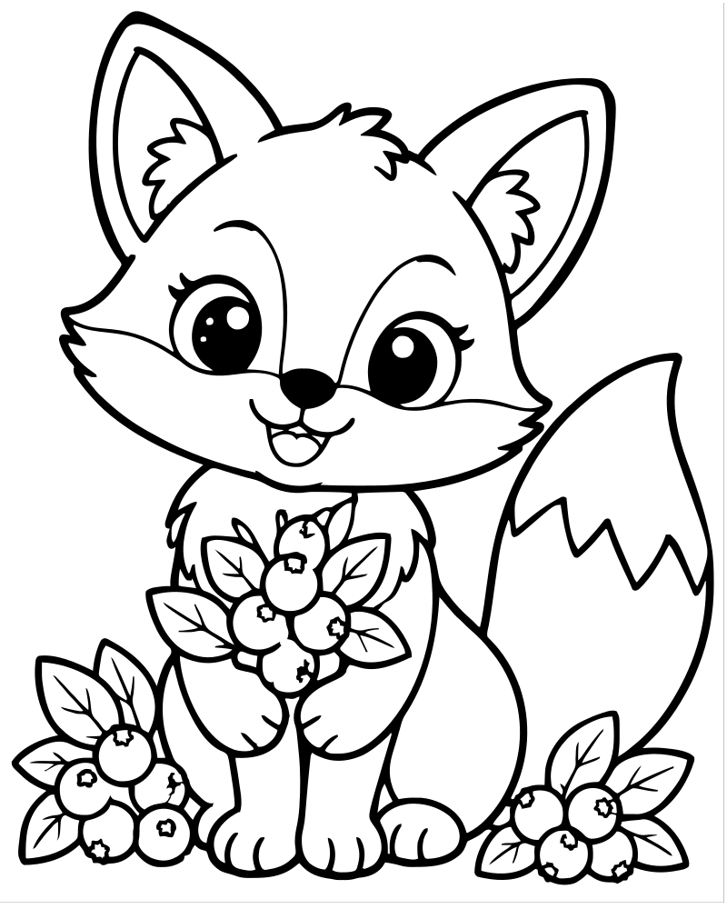 Fox and Berries — free printable Fox coloring page for kids