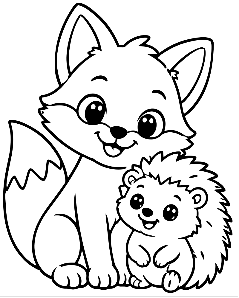 Fox and Hedgehog Friends picture to color — Fox coloring page for kids