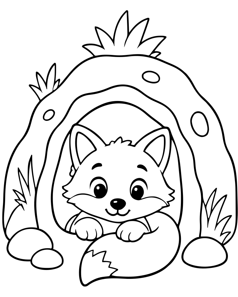 Printable fox den line art — Fox coloring page