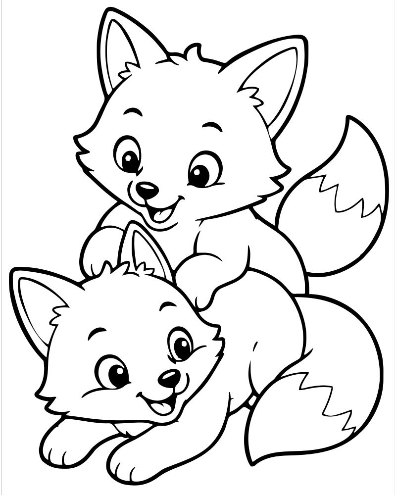 Printable two foxes playing line art — Fox coloring page
