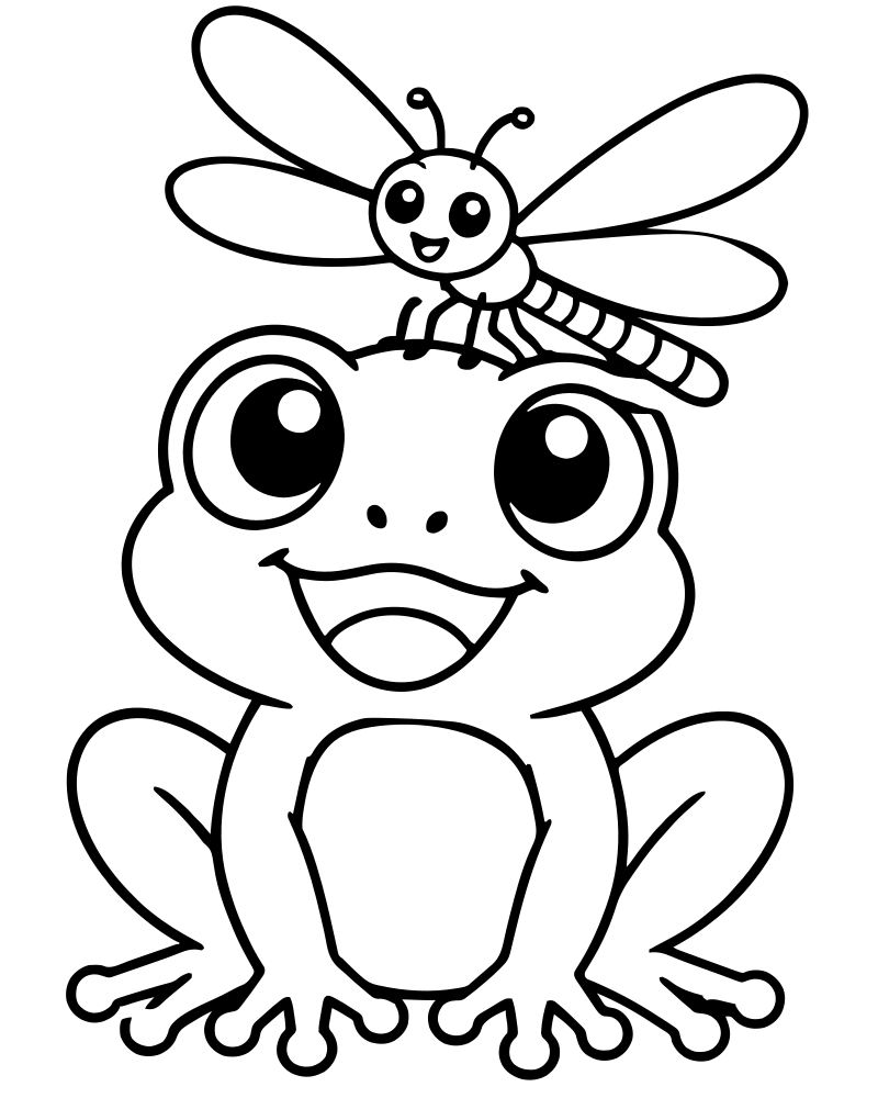 Frog and Dragonfly picture to color — Frog coloring page for kids