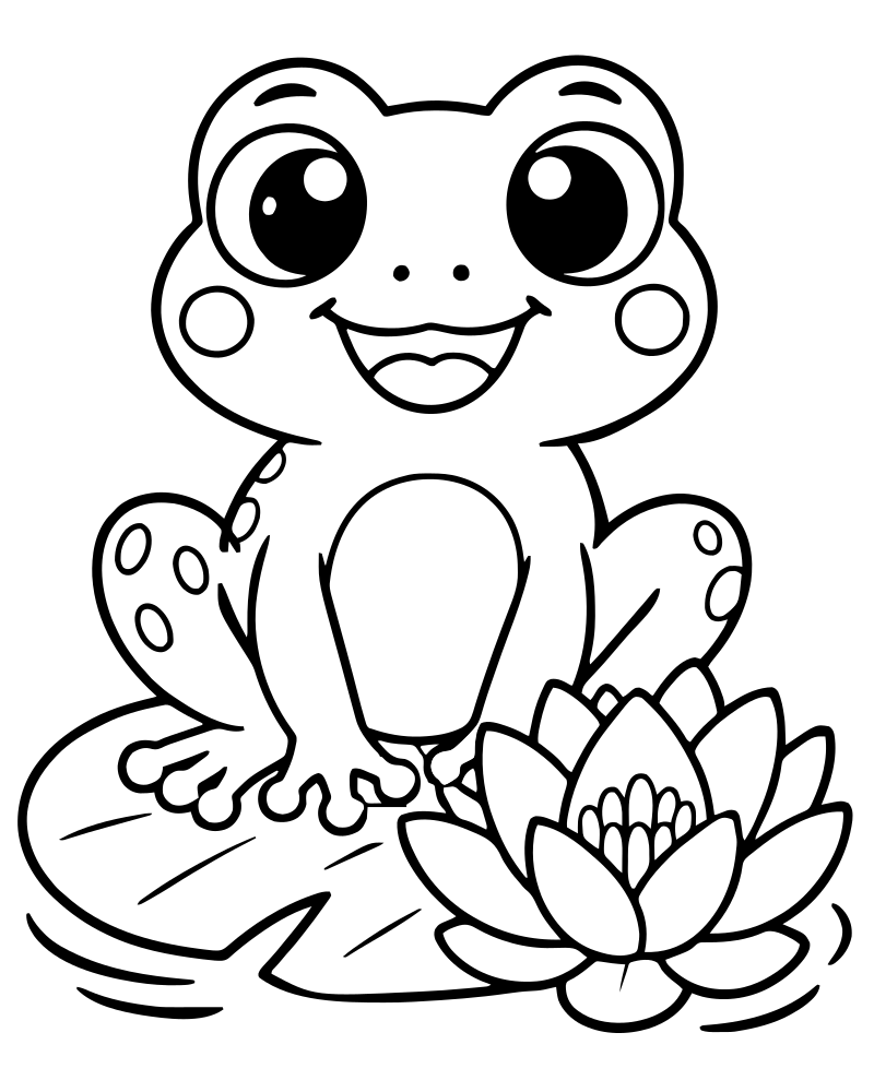 Frog and Lily Flower — Frog coloring page to print for children