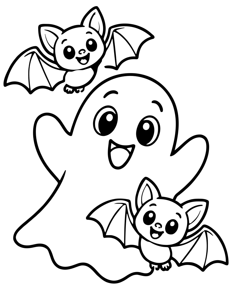 Ghost and Bat Friends — Ghost coloring page to print for children