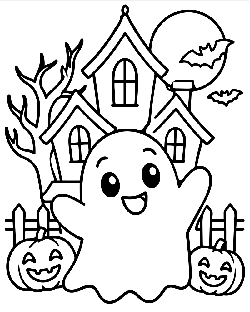 Ghost and Haunted House picture to color — Ghost coloring page for kids