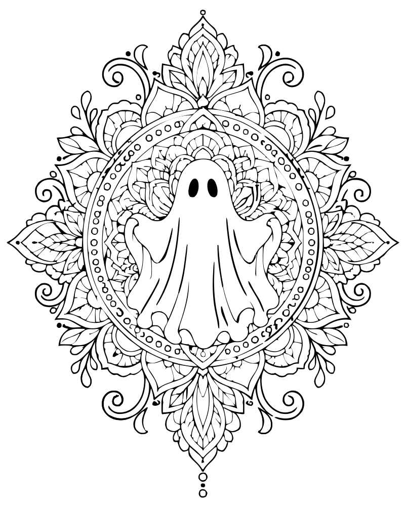 Printable ghost mandala line art — Ghost coloring page