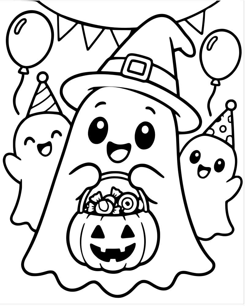 Printable ghost party line art — Ghost coloring page