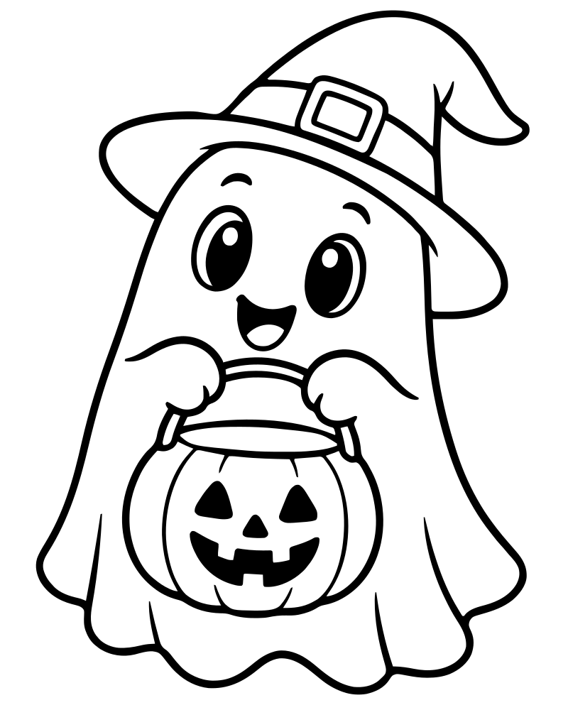 Printable ghost trick or treating line art — Ghost coloring page