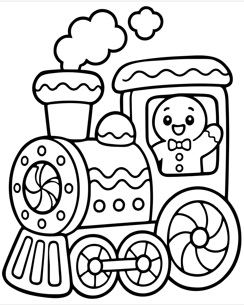 Printable gingerbread train line art — Gingerbread coloring page