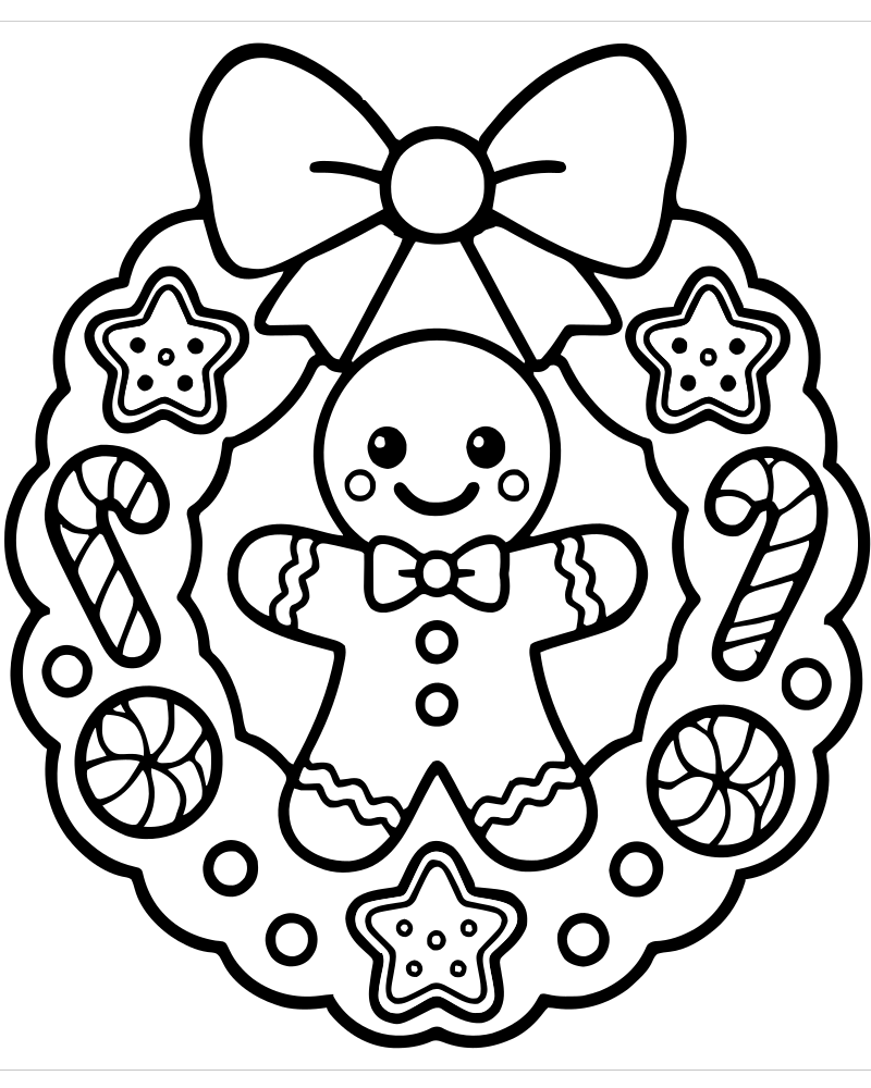 Gingerbread Wreath picture to color — Gingerbread coloring page for kids