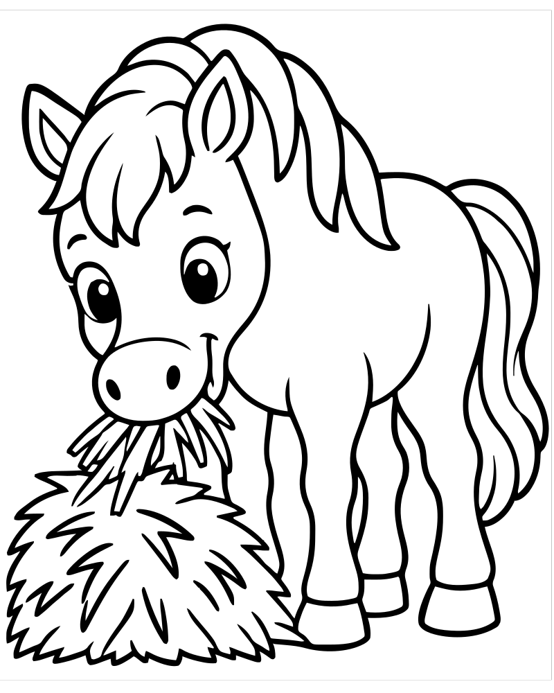 Horse Eating Hay picture to color — Horse coloring page for kids