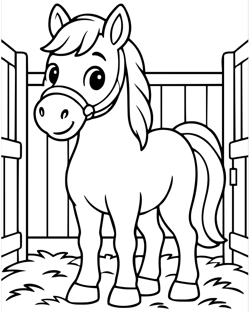 Horse in the Stable — printable Horse coloring sheet for preschoolers