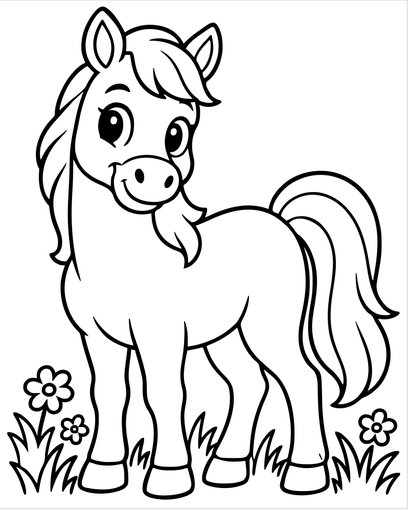 Printable horses in the meadow line art — Horse coloring page