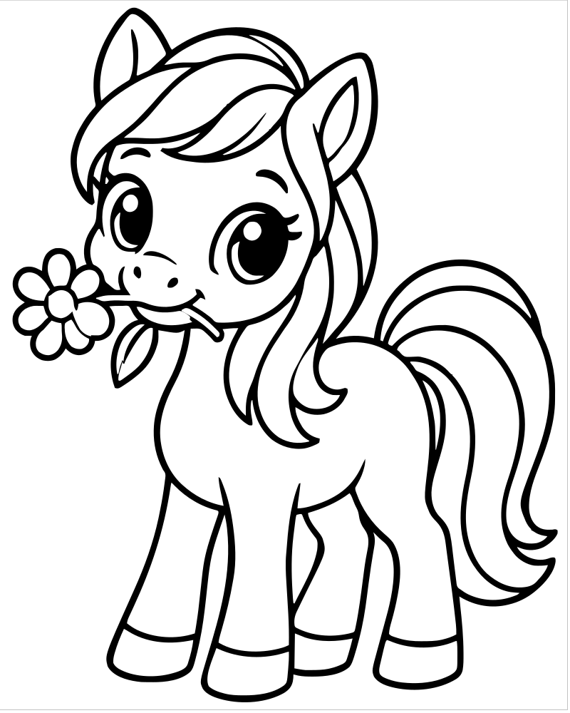Pony with a Flower — printable Horse coloring sheet for preschoolers