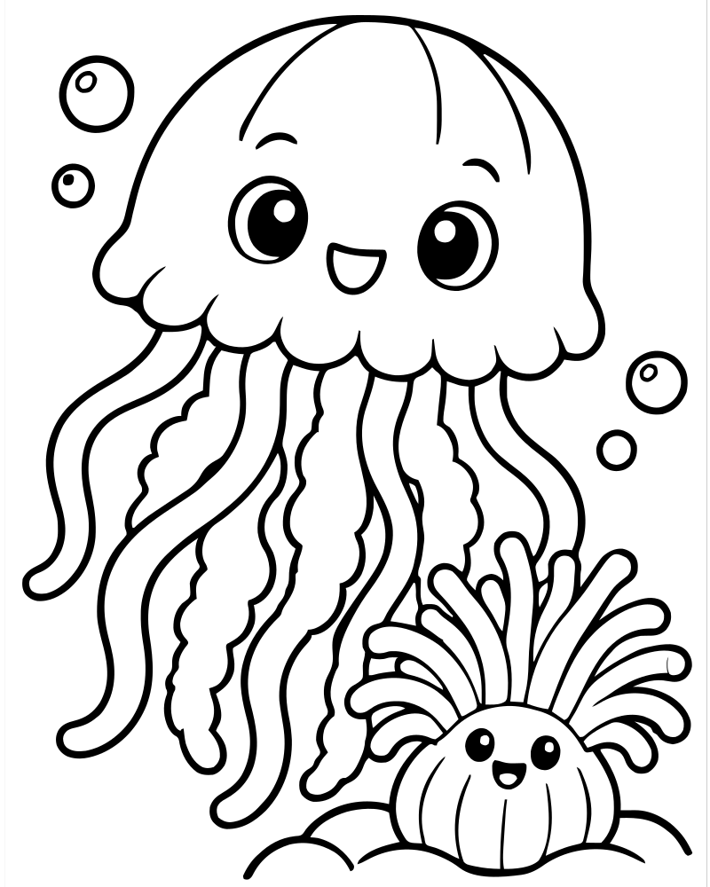 Jellyfish and Anemone picture to color — Jellyfish coloring page for kids