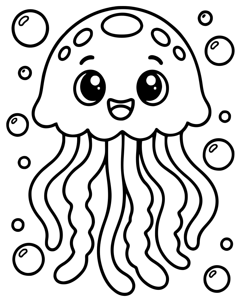 Jellyfish and Bubbles picture to color — Jellyfish coloring page for kids