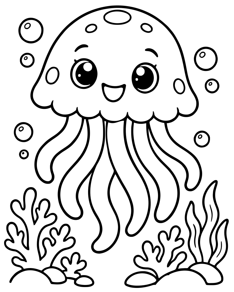 Printable jellyfish and coral line art — Jellyfish coloring page