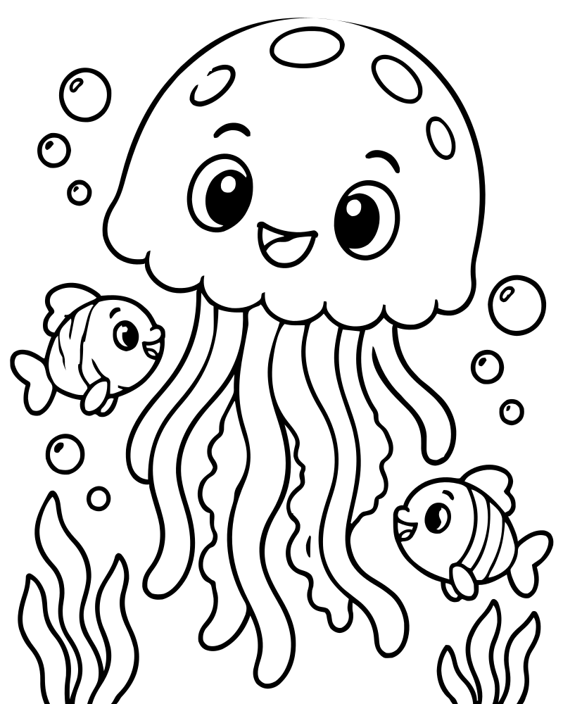Jellyfish and Fish Friends picture to color — Jellyfish coloring page for kids
