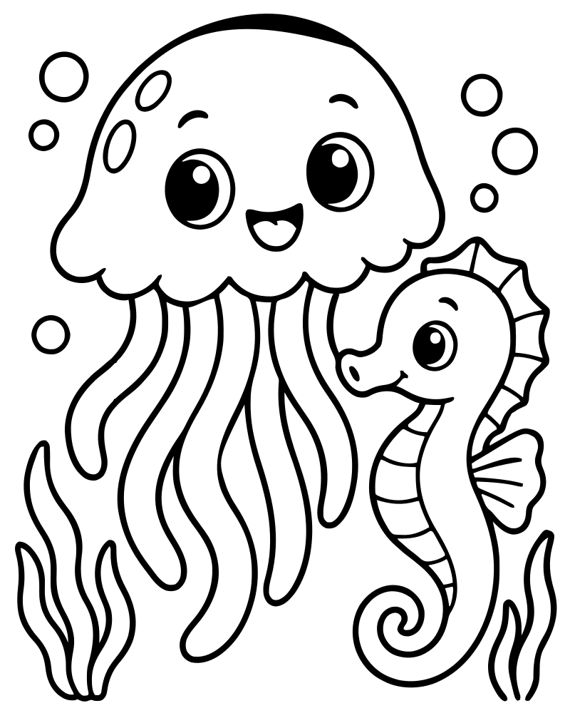 Printable jellyfish and seahorse line art — Jellyfish coloring page