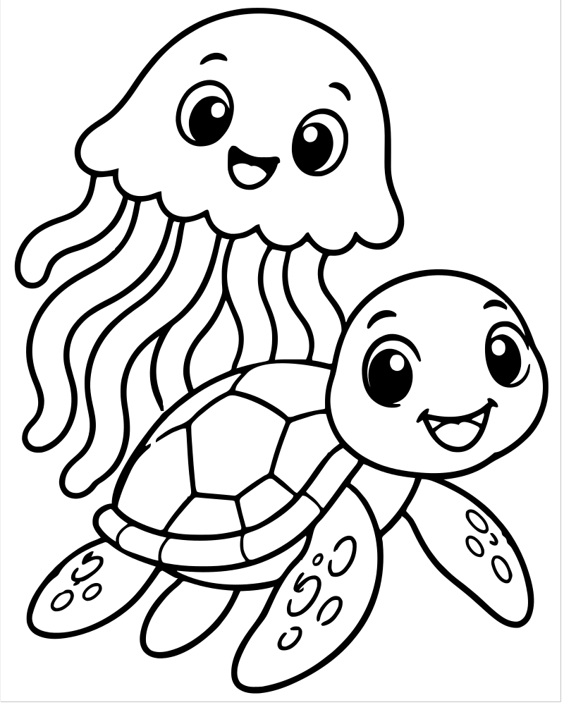 Printable jellyfish and turtle friends line art — Jellyfish coloring page